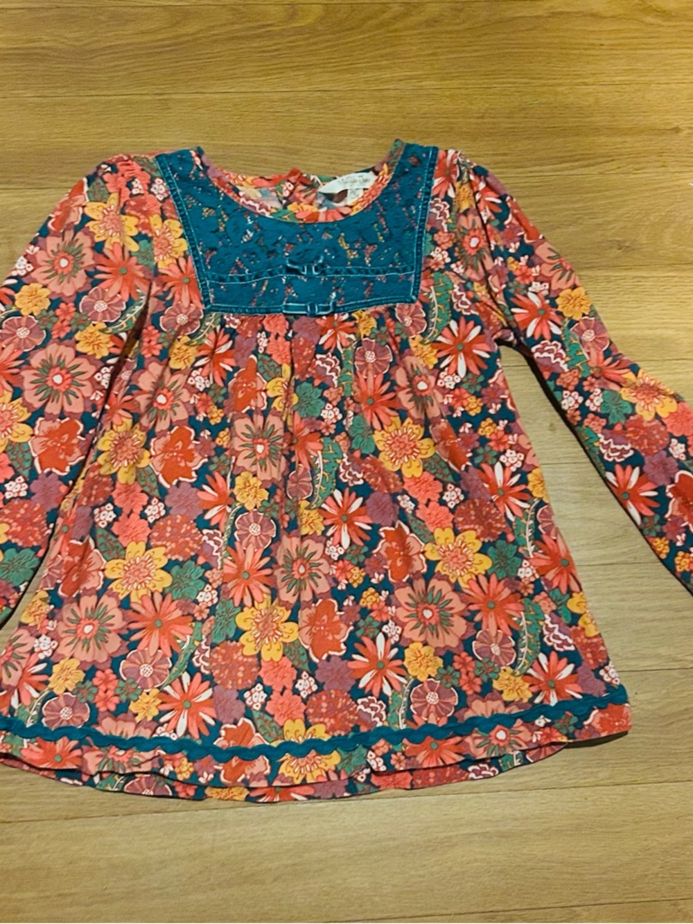 Matilda Jane girls Floral Long-Sleeve Tunic Top - Teal Trim Aline Sz 6